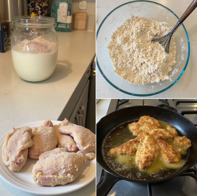 A home kitchen with fried chicken being prepared, showing marinated chicken, flour, and a frying pan.