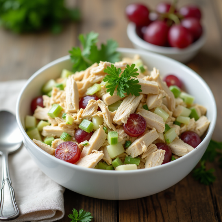 A bowl of freshly made Chicken Salad Chick recipe with shredded chicken, celery, grapes, and a creamy dressing, garnished with fresh parsley.