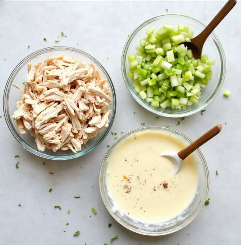 A step-by-step process of making Chicken Salad Chick recipe, showing shredded chicken, diced vegetables, and creamy dressing in separate bowls.