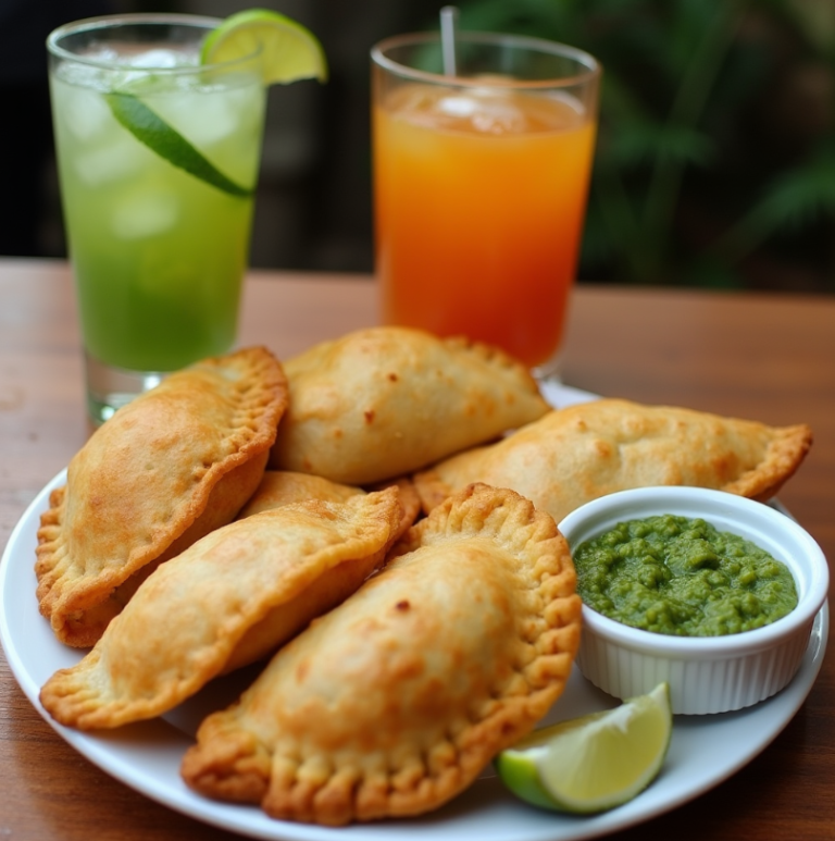 Golden brown empanadas venezolanas on a plate, served with guasacaca sauce and a refreshing drink.