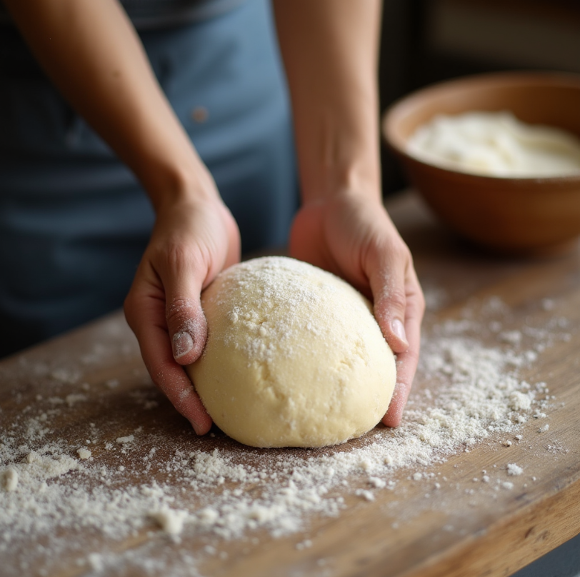 Hands kneading cornmeal dough for empanadas venezolanas on a clean kitchen counter.