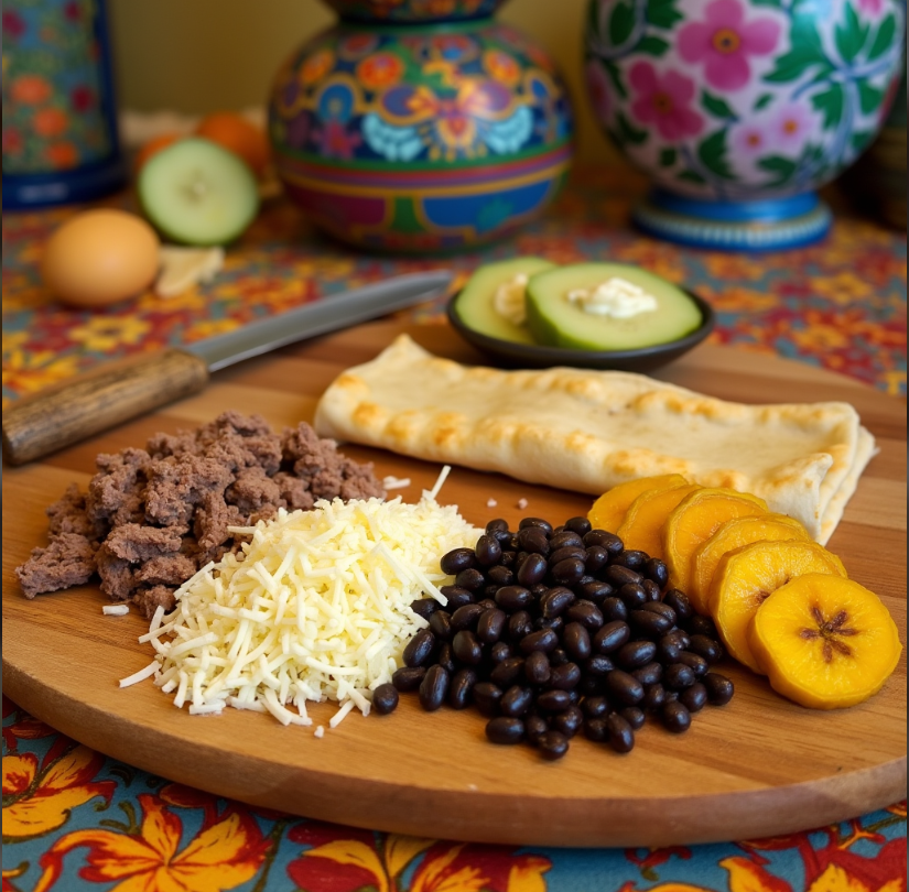 An array of empanada fillings including shredded beef, cheese, black beans, and plantains on a cutting board.