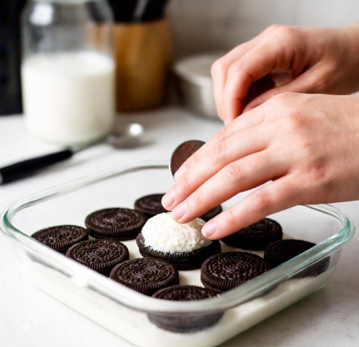 Layering mascarpone cream over softened Oreo cookies in a clear glass dish for Oreo Tiramisu.