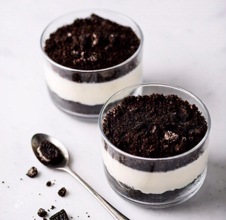 Individual servings of Oreo Tiramisu in clear glass cups, showcasing distinct layers of Oreo crumbs and mascarpone cream.