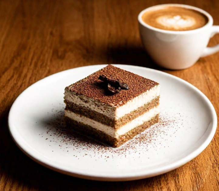 A slice of gluten free tiramisu served on a white plate with a cup of espresso on the side, decorated with cocoa and chocolate shavings.