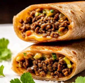 olden grilled cheese burrito with a crispy, melty cheese layer served on a rustic wooden plate.