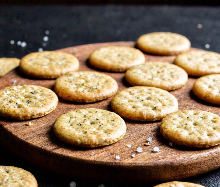 A variety of homemade crackers beautifully arranged on a rustic wooden board, showcasing different seeds and spices.