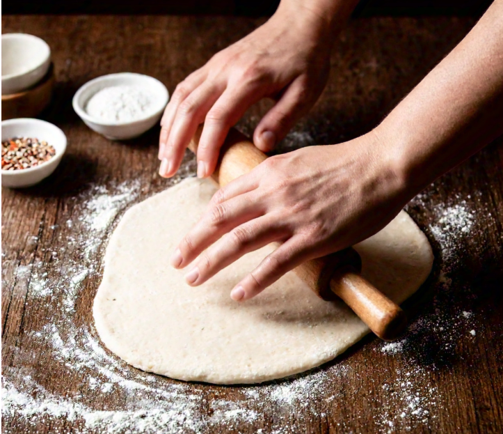 Hands rolling out cracker dough on a floured kitchen counter with a rolling pin