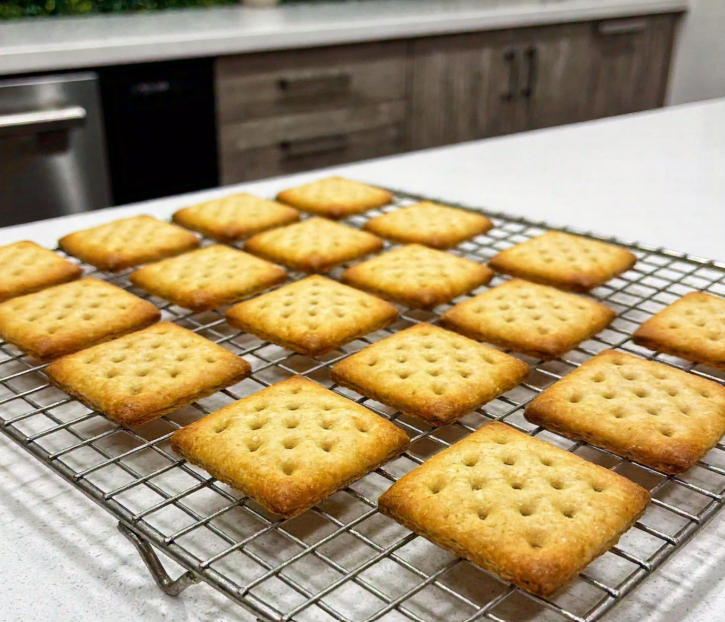 Freshly baked homemade crackers cooling on a wire rack in a modern kitchen setting. 