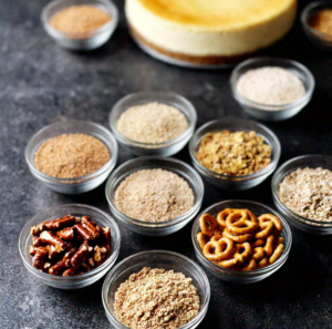 A baker pressing a granola-based mixture into a round tart pan as a substitute for a biscuit base.