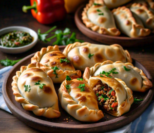 What country is most famous for empanadas - A variety of traditional Argentine empanadas served on a rustic wooden plate.