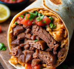 Traditional authentic burrito with carne asada, beans, and salsa wrapped in a flour tortilla.