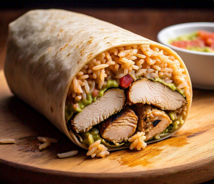 A classic burrito filled with the most common ingredients, including rice, beans, protein, and fresh vegetables, wrapped in a flour tortilla.