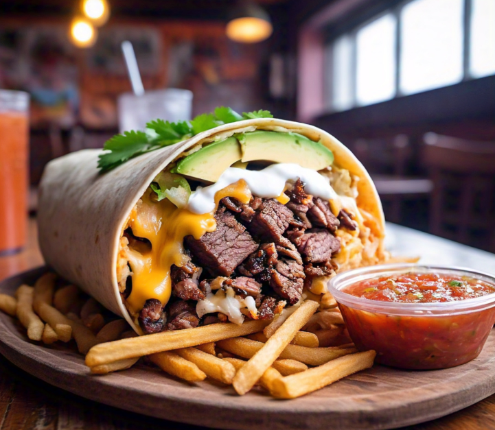 A regional-style burrito featuring carne asada, fries, and melted cheese, inspired by California burrito variations.