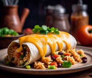 A burrito topped with perfectly melted cheese, showcasing gooey and golden cheese texture.