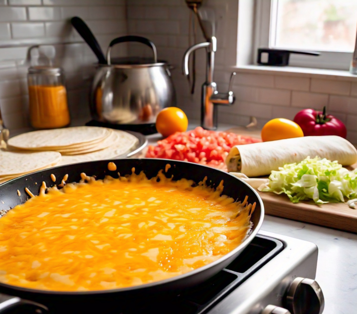 Cheese melting in a skillet for burrito preparation.