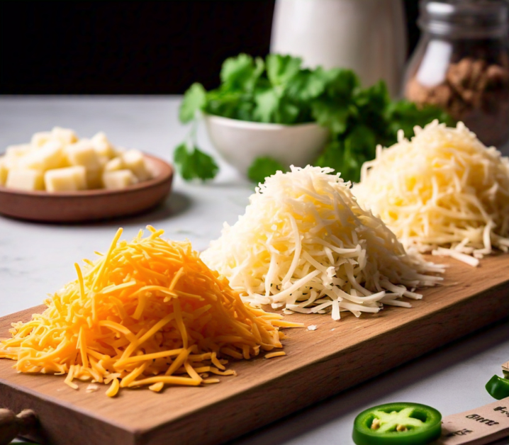 A selection of shredded cheeses ideal for burritos, including cheddar, Monterey Jack, and queso blanco.