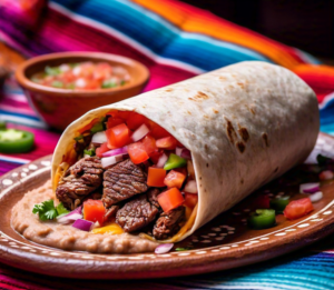 A traditional Mexican burrito filled with beans, carne asada, fresh vegetables, and wrapped in a warm flour tortilla.