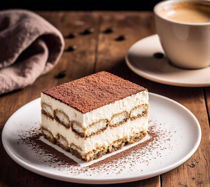 A delicious slice of tiramisu made with alternative biscuits, topped with cocoa powder and served on a white plate.