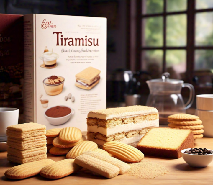 A collection of ladyfinger substitutes including sponge cake, graham crackers, and madeleine cookies displayed on a kitchen countertop.