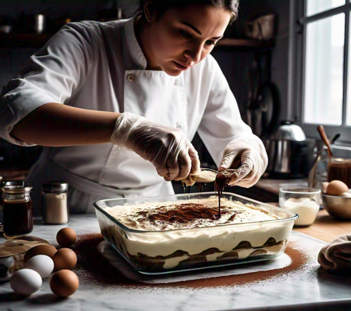 A step-by-step preparation of tiramisu with layered sponge cake, mascarpone cream, and coffee soaking liquid.