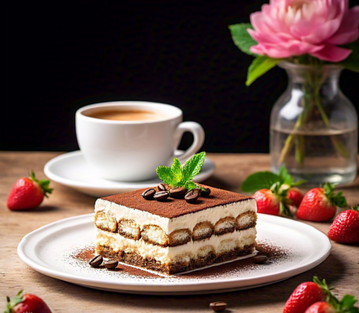 A close-up of a layered tiramisu dessert with vanilla wafers replacing lady fingers, garnished with cocoa powder and coffee beans.