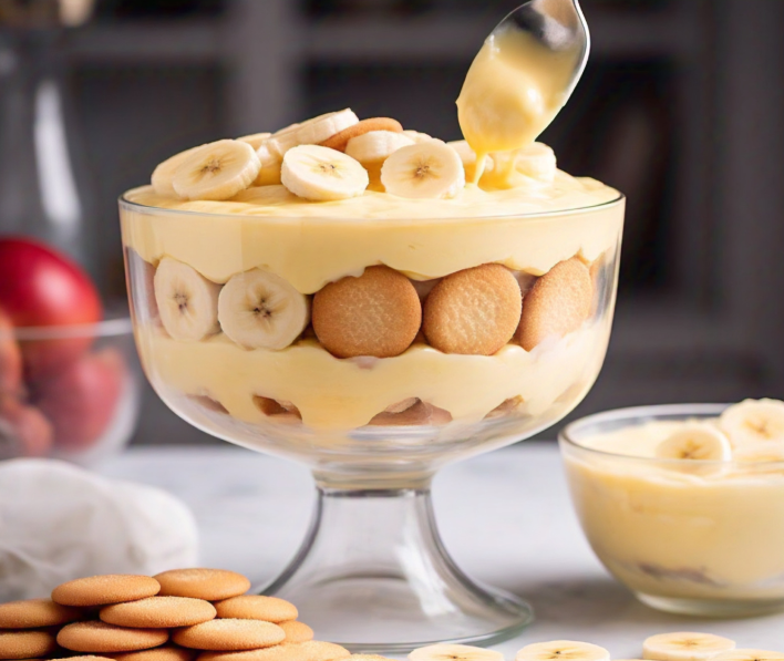 A dessert preparation scene with vanilla wafers being layered into a trifle bowl with creamy custard and banana slices.