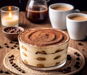 Classic tiramisu with layers of mascarpone, coffee-soaked ladyfingers, and cocoa powder in a glass dish.