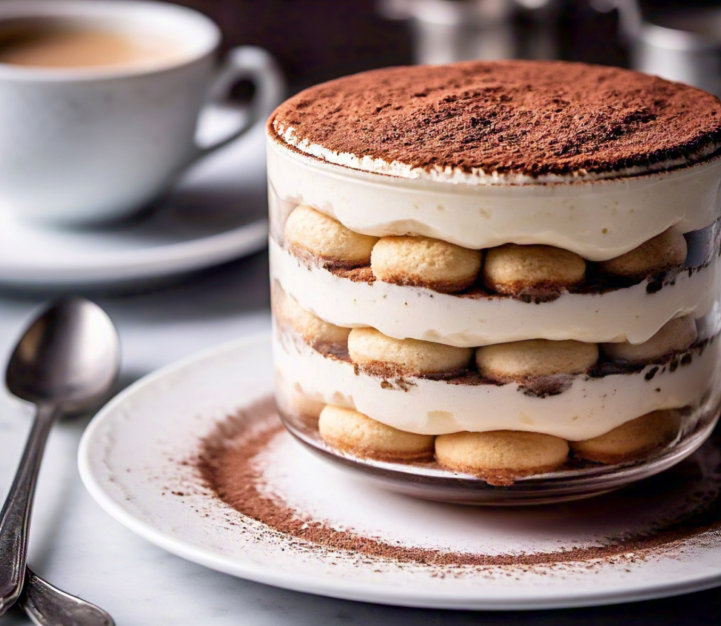 Tiramisu made with shortbread, showcasing thick buttery layers, mascarpone, and cocoa topping on a white plate