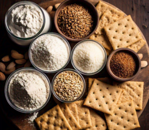 A variety of flours displayed in jars and bowls, with freshly baked crackers on a wooden board.