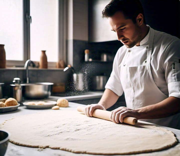 Thinly rolled cracker dough being cut into shapes with a rolling pin and cutter.