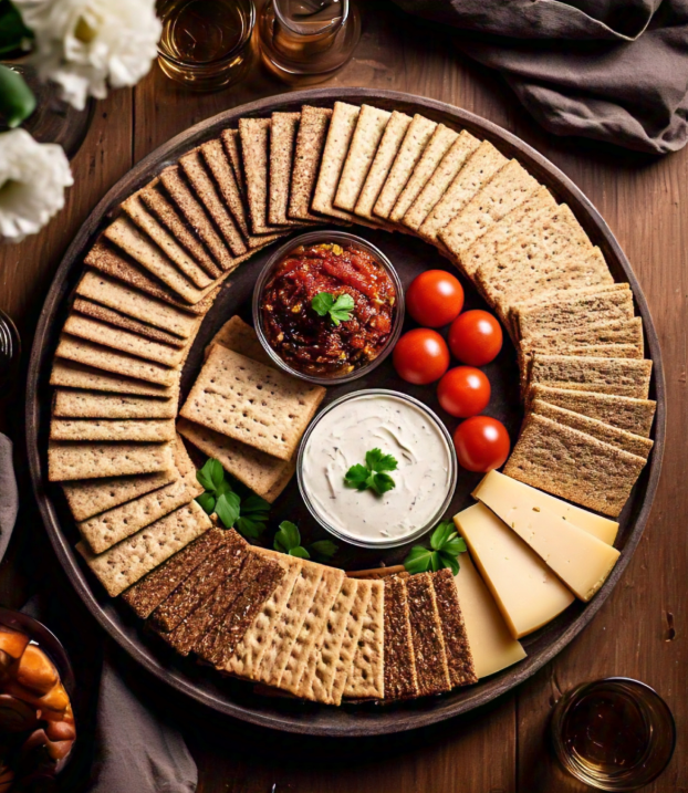 A platter of assorted crackers made from different flours paired with cheese and dips.