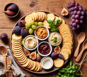 A beautifully arranged platter of crackers with a variety of spreads, including hummus, cream cheese, and jam, garnished with fresh herbs and fruits.