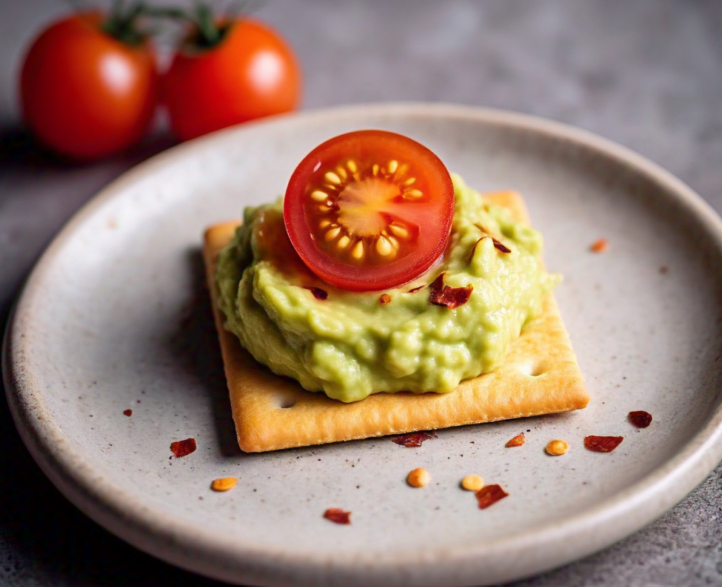 Close-up of a cracker topped with guacamole, cherry tomato slices, and a sprinkle of chili flakes.