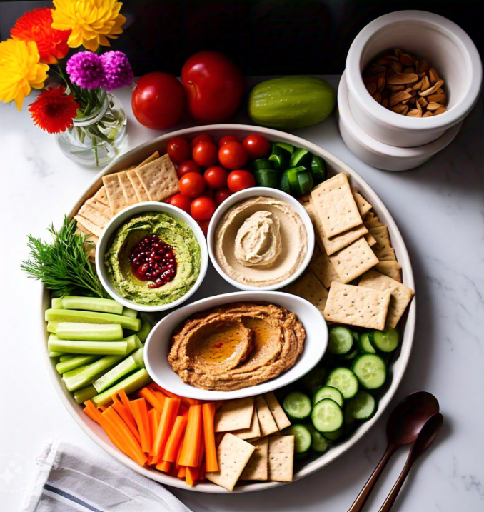 A spread of vegan and plant-based options, including crackers served with hummus, baba ganoush, and nut butter, surrounded by fresh vegetables.