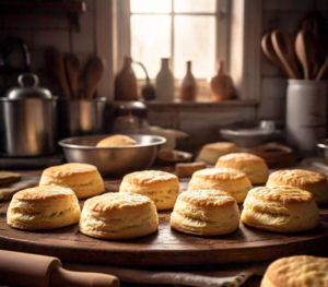 A close-up of freshly baked golden biscuits on a wooden tray, showcasing soft textures and perfect browning