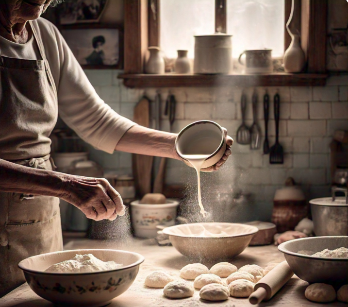 Hands pouring milk and water into two separate mixing bowls of biscuit dough on a wooden countertop