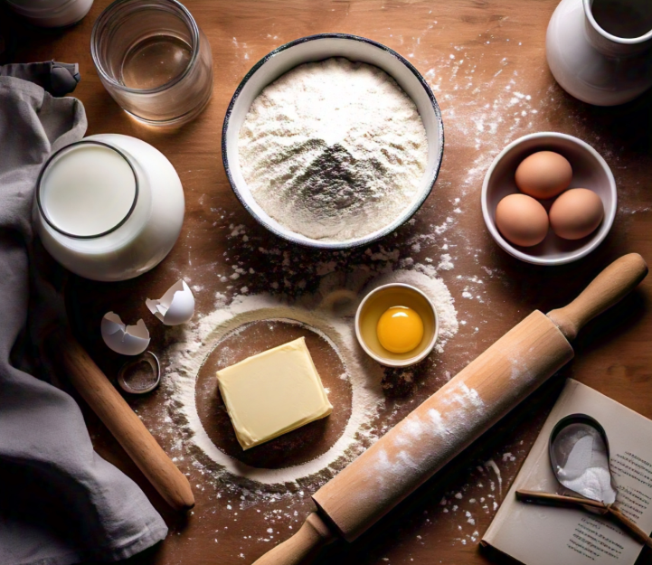 Ingredients for making biscuits, including milk, water, flour, butter, and eggs arranged neatly on a kitchen counter