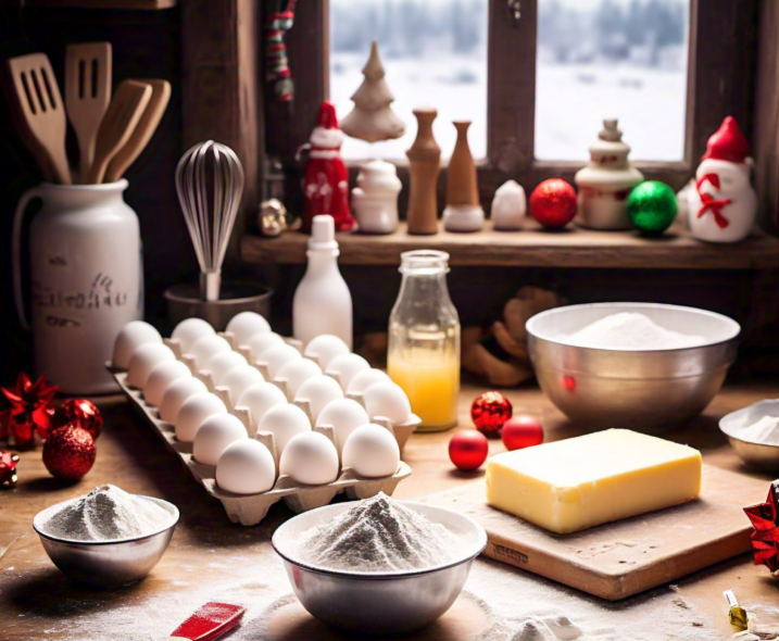 Ingredients for Christmas cake icing laid out on a wooden kitchen counter