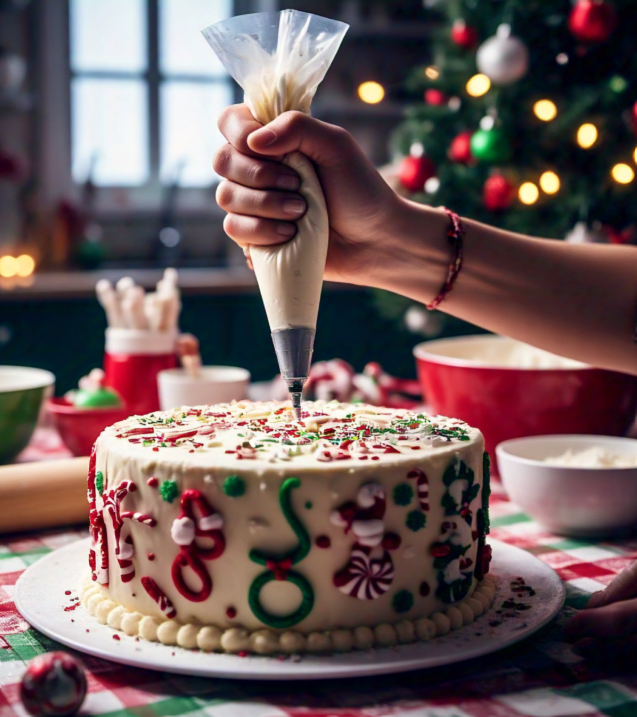 Hands decorating a Christmas cake with piping bag and icing