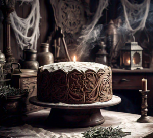 An artistic depiction of a traditional witches cake surrounded by symbolic herbs and mystical elements.