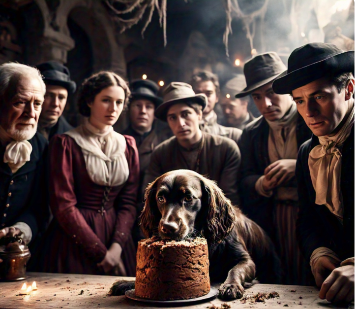 A sequence of images showing the process of making a witches cake: mixing rye flour and symbolic ingredients, kneading the dough, and placing it in an old-fashioned oven, set in a historical setting with muted tones.