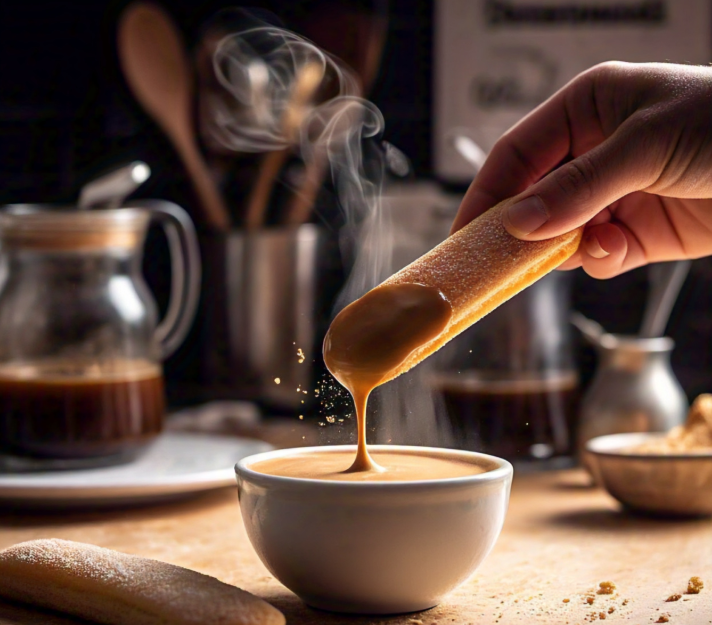 Close-up of ladyfingers dipped in espresso for tiramisu preparation.