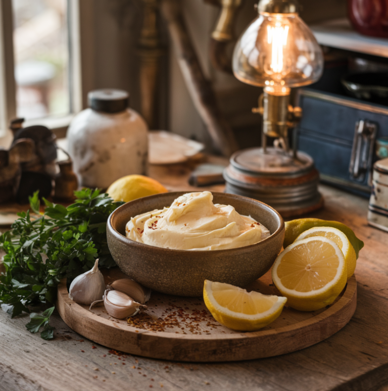 Cowboy butter recipe with a bowl of creamy, herbed butter surrounded by fresh ingredients like garlic, lemon, and parsley.