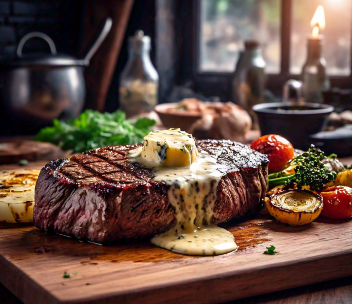 Sizzling steak topped with cowboy butter melting beautifully, served with a side of grilled vegetables.