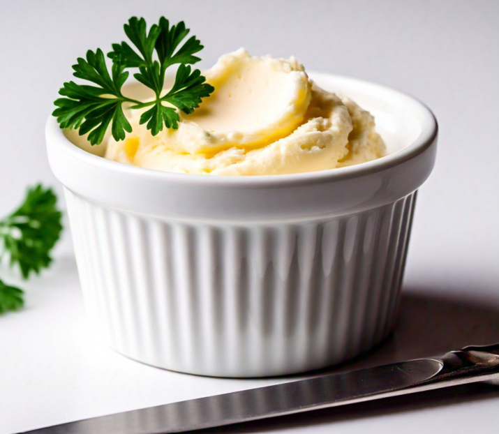 A ramekin filled with cowboy butter garnished with parsley, ready for dipping or spreading.