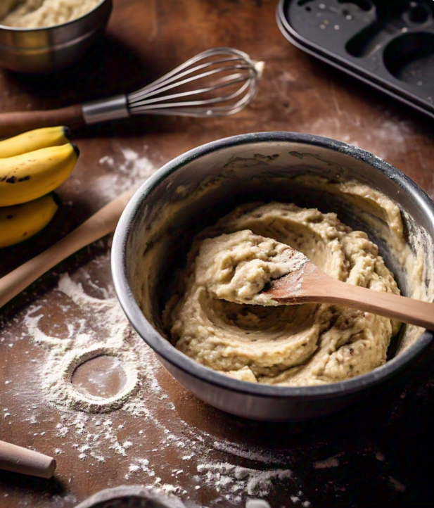 A mixing bowl with mashed bananas, flour, and baking ingredients being gently stirred with a wooden spoon.