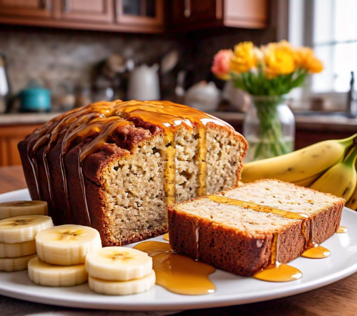 Thick slices of 4 ingredient banana bread served on a white plate, garnished with a drizzle of honey and a side of fresh bananas.