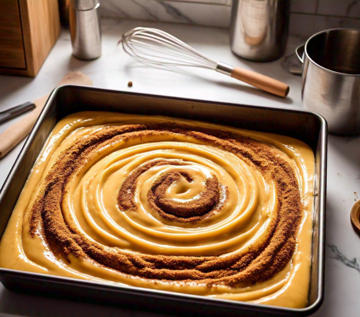 Honey bun cake batter swirled with cinnamon and brown sugar in a baking pan before going into the oven.