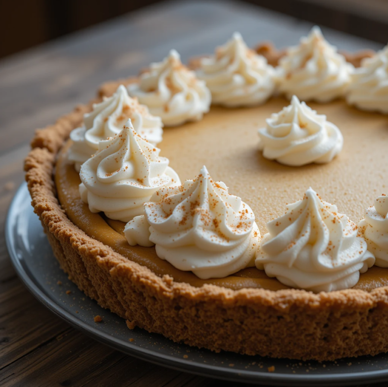 No Bake Pumpkin Pie with whipped cream and cinnamon on a rustic table